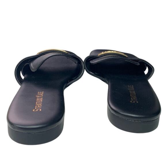 Stratuxx Kaze Womens Size 7 Black Gold Sandal Flats Square Open Toe Shoes - Picture 2 of 5